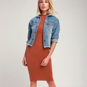 Lulus Conversation Start Rust Orange Mock Neck Midi Sweater Dress